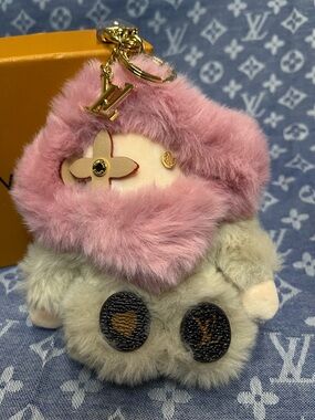 Louis Vuitton Pink & Cream Plush Character Bag Charm with Gold Hardware